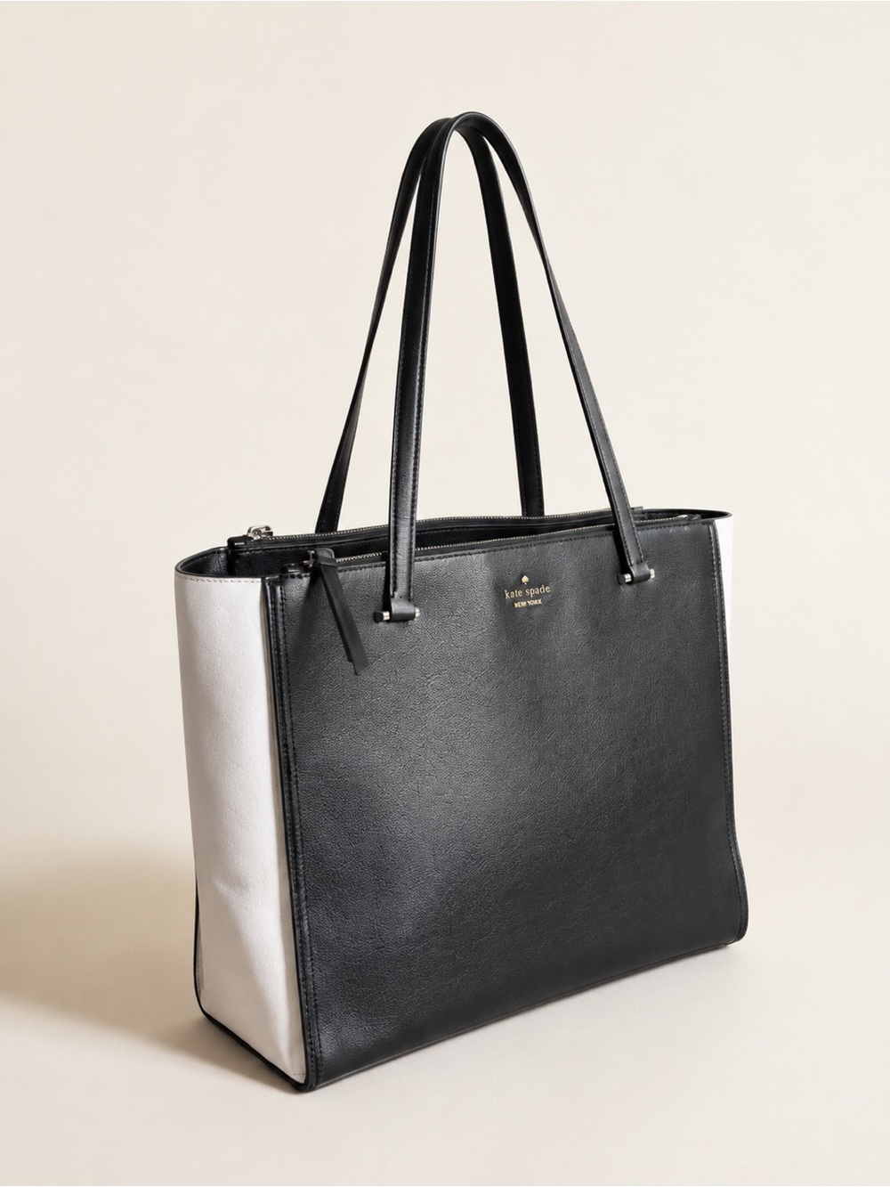 Kate Spade Black Cream White Colorblock Leather Zip Tote Shoulder Bag